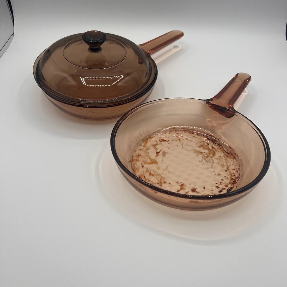 CORNING VISION Vintage Amber Glass 2 Frying Pan with 1 Lid Waffle Buttom
